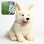 A white fluffy dog sitting on green grass with a distorted swirl effect around its head and tongue, creating a funny and surreal look as if the dog is caught in a playful tornado.