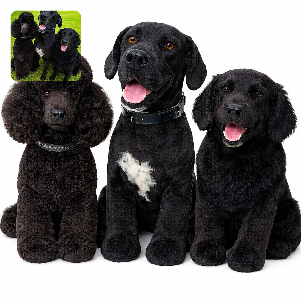 Three canine models pose like a boy band — the regal poodle looking aloof, the giant in the middle grinning with its mouth wide open, and the friendly black retriever beaming on the right. Crisp colors, sharp focus, and a lush green lawn backdrop make this photo feel like a professional pet portrait with a generous dash of personality.