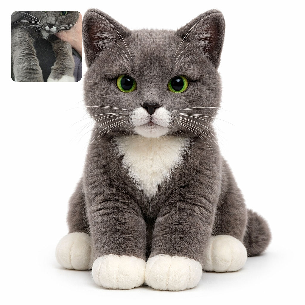 A grumpy-yet-adorable gray tuxedo cat stares into the camera with hypnotic green eyes while stretching fluffy white-pawed arms toward you; a human hand gently cradles its cheek and a soft blanket peeks in from the corner — equal parts demanding and photogenic.