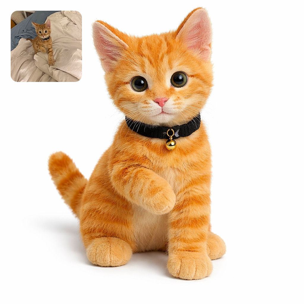 A mischievous orange tabby kitten with a little bell collar has commandeered the comforter — one paw outstretched as if demanding treats and the rest of the bed as tribute. Soft sheets, a rumpled blanket, and a bedside table provide the perfect throne room for this tiny ruler.