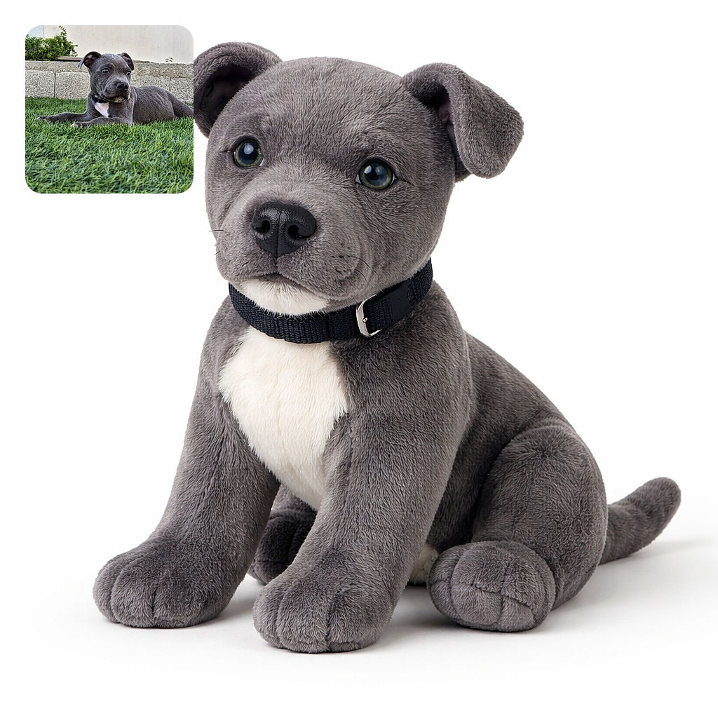 A charming gray puppy lounges on lush green grass, gazing thoughtfully to the side with a calm expression. The background features a textured concrete wall and some greenery, giving a peaceful backyard vibe.