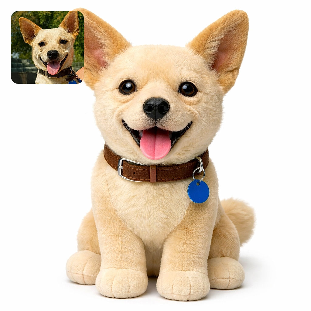 A grin-faced dog mugging for the camera with its tongue lolling and perky ears like little radar dishes — leather collar and blue tag on full display against a sunlit, leafy park blur. Pure canine charm ready for a close-up.