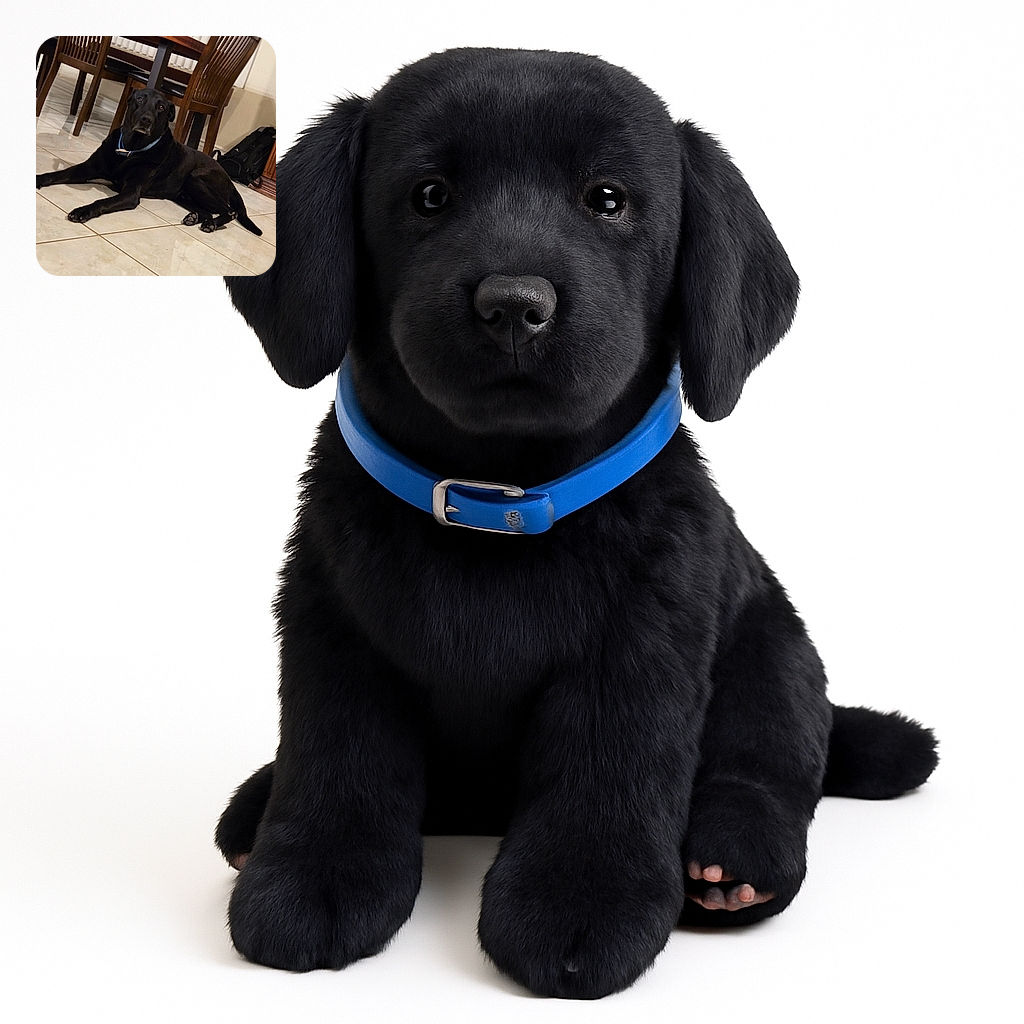 A relaxed black dog with a blue collar lounges on a shiny tiled floor in a cozy dining area. The wooden chairs and table behind add a warm, homey vibe, while the dog's calm eyes suggest it's ready for a belly rub or a snack.