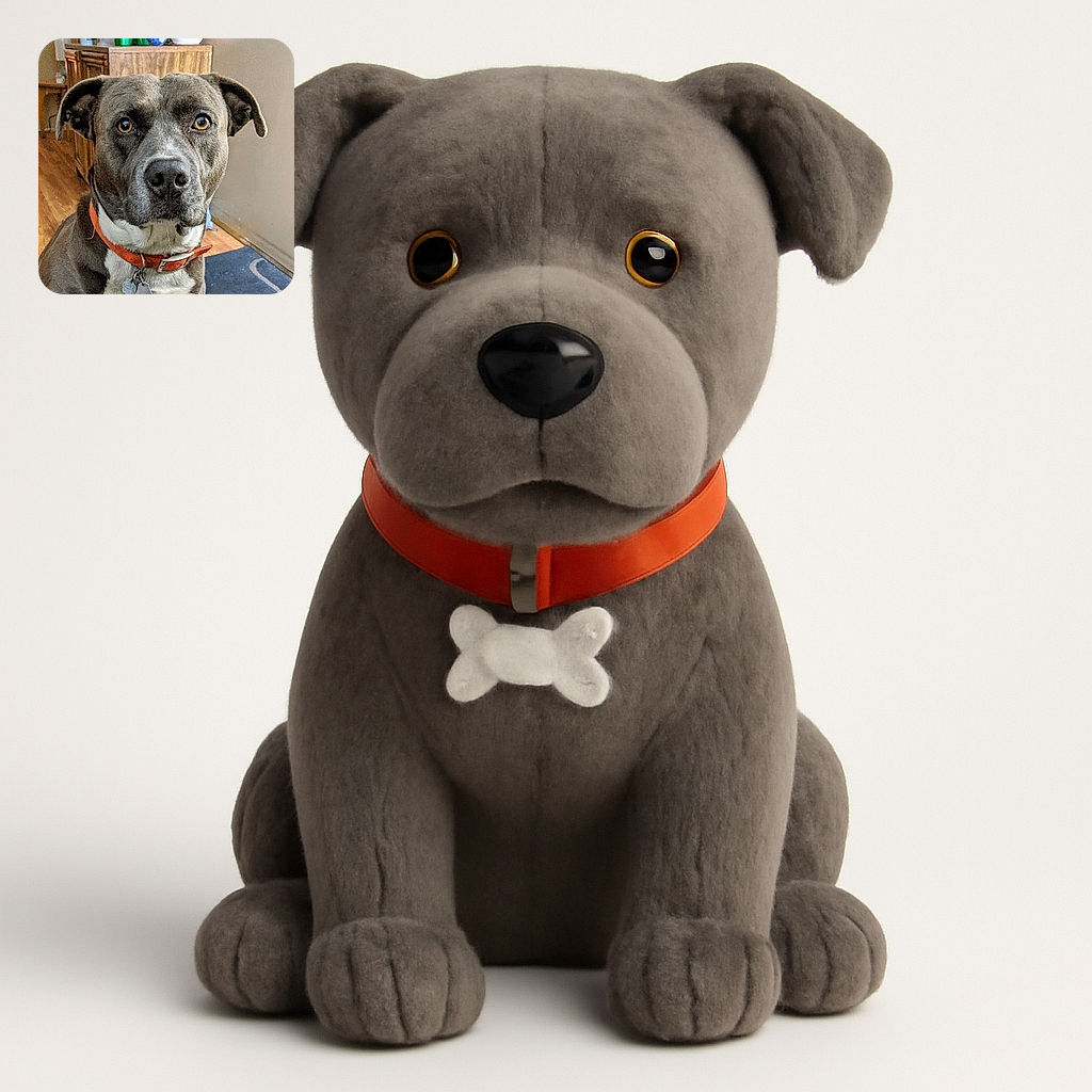 A close-up photo of a serious-looking gray and white dog wearing an orange collar with tags, sitting indoors on a wooden floor with a cabinet and some household items in the background.