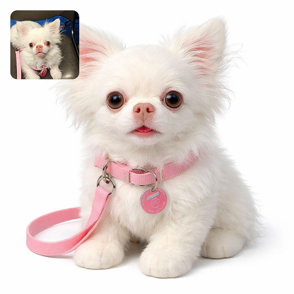 A wide-eyed fluffy chihuahua stares up like it just heard the word "treat" — pink leash and tags on full display while tiny paws cling to the chair. Cute, slightly alarmed, and utterly photogenic.