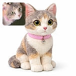 A close-up selfie featuring a wide-eyed cat with a pink collar, cuddling up to a person whose lips and glasses are partially visible; soft lighting and a few delicate flower overlays add a dreamy vibe.