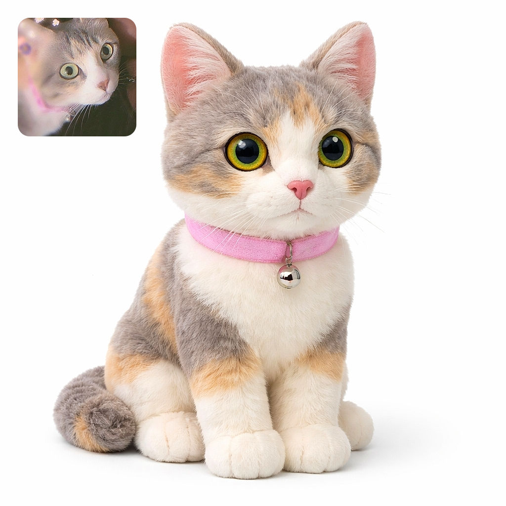 A close-up selfie featuring a wide-eyed cat with a pink collar, cuddling up to a person whose lips and glasses are partially visible; soft lighting and a few delicate flower overlays add a dreamy vibe.