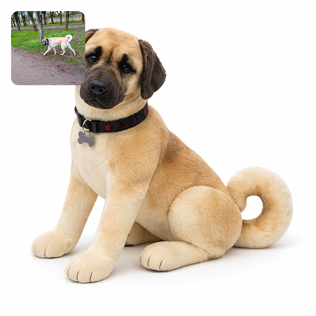 A light-colored dog with a curled tail is caught mid-step on a walk, glancing back with curiosity. The scene is set in a park with bare trees and patches of green grass, under a bright blue sky with scattered clouds.