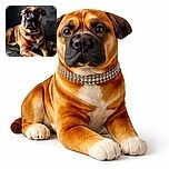 A regal dog with a stunning diamond-studded collar lounges elegantly on a dark couch, its expressive eyes gazing off into the distance against a textured dark wall backdrop, exuding both poise and charm.