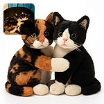 Two adorable cats snuggle close on a cozy chair, their contrasting black, white, and orange fur creating a perfect yin-yang of feline friendship, with a soft blue curtain backdrop adding calm vibes.