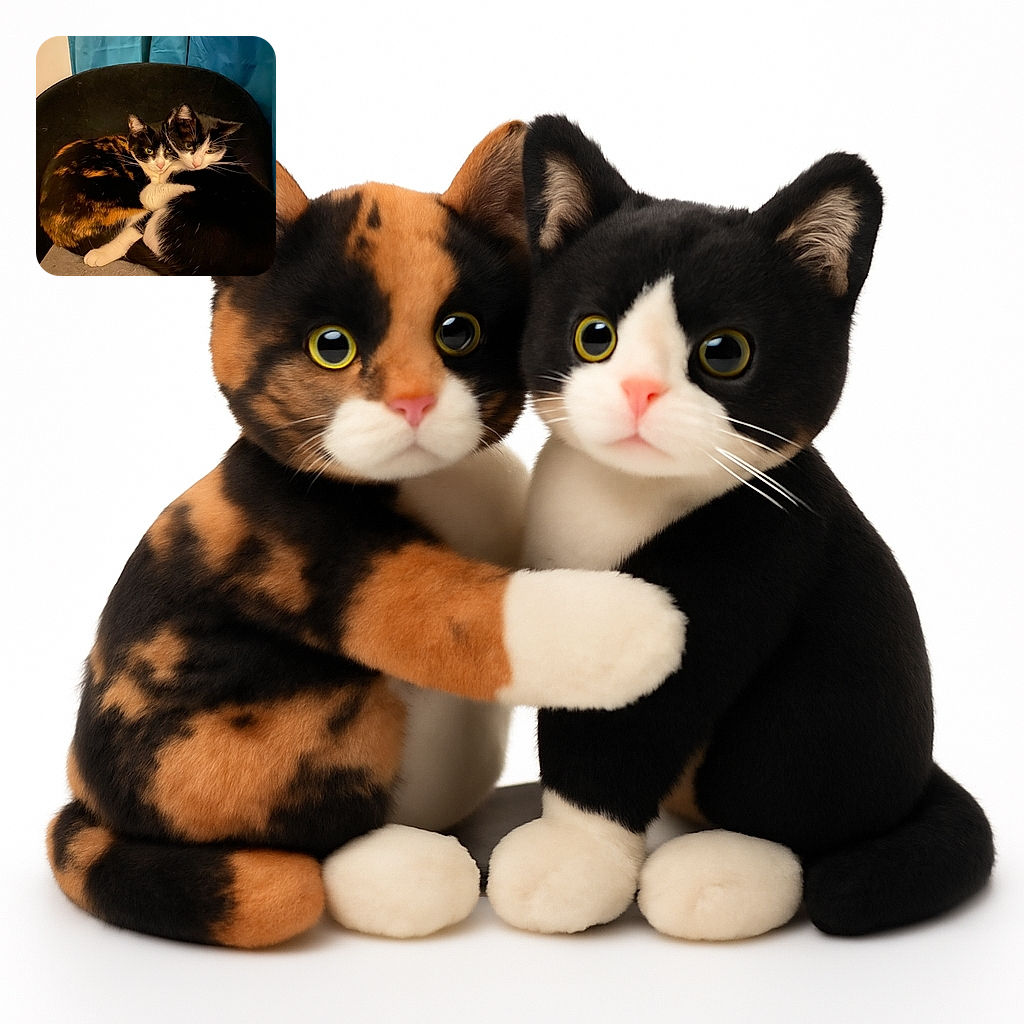 Two adorable cats snuggle close on a cozy chair, their contrasting black, white, and orange fur creating a perfect yin-yang of feline friendship, with a soft blue curtain backdrop adding calm vibes.