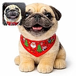 A close-up, delightfully goofy pug wearing a colorful red bandana sits on a woven chair, looking up with big, shiny eyes and a goofy smile that shows off its tiny teeth, capturing pure joy and charm.