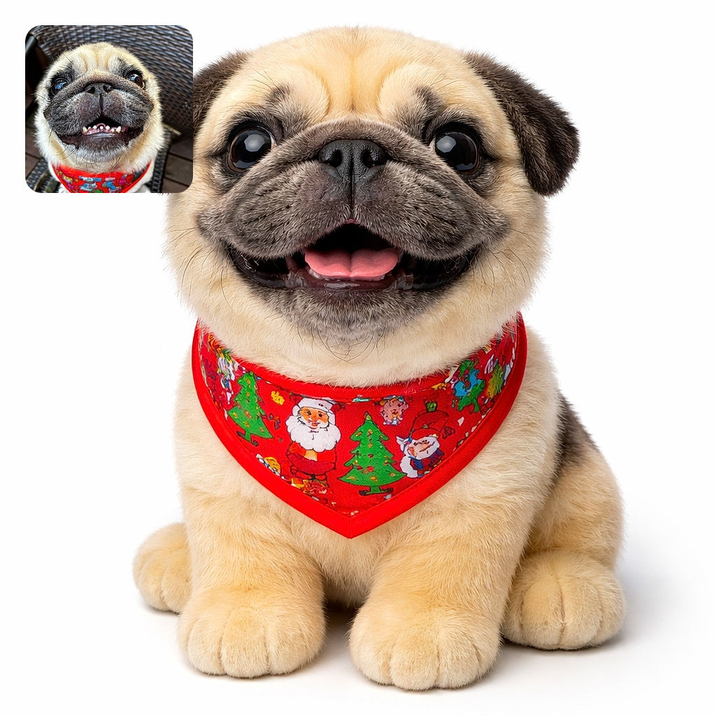 A close-up, delightfully goofy pug wearing a colorful red bandana sits on a woven chair, looking up with big, shiny eyes and a goofy smile that shows off its tiny teeth, capturing pure joy and charm.