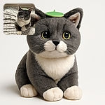A charming gray and white cat lounges on a patterned bedspread with a small green leaf perfectly balanced on its head, looking curiously at the camera. The cozy room background includes potted plants on a windowsill, adding a touch of nature to this adorable moment.