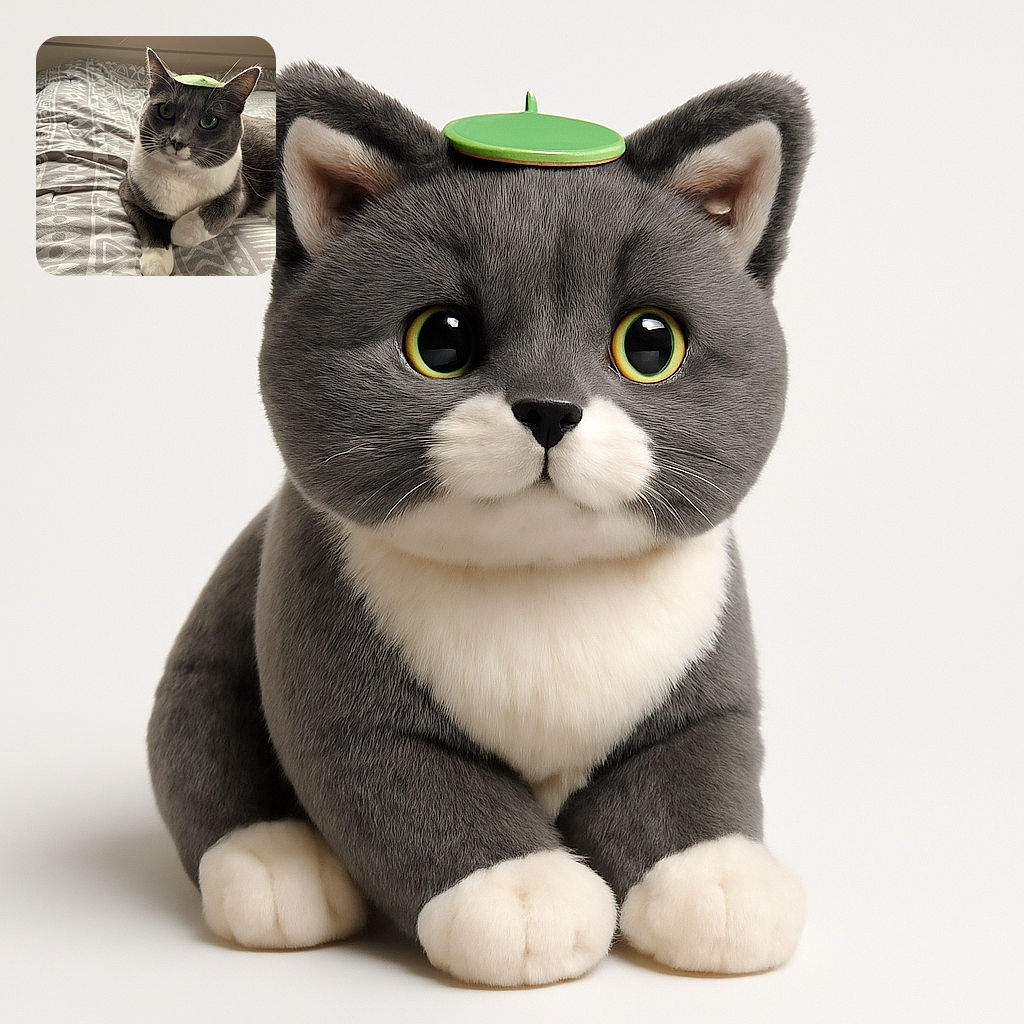 A charming gray and white cat lounges on a patterned bedspread with a small green leaf perfectly balanced on its head, looking curiously at the camera. The cozy room background includes potted plants on a windowsill, adding a touch of nature to this adorable moment.