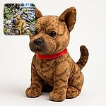 A curious brindle dog with a red collar stands on a rocky forest floor, tilting its head inquisitively. Behind it, a serene waterfall cascades down moss-covered rocks, adding a peaceful backdrop to this adventurous pup's photo.