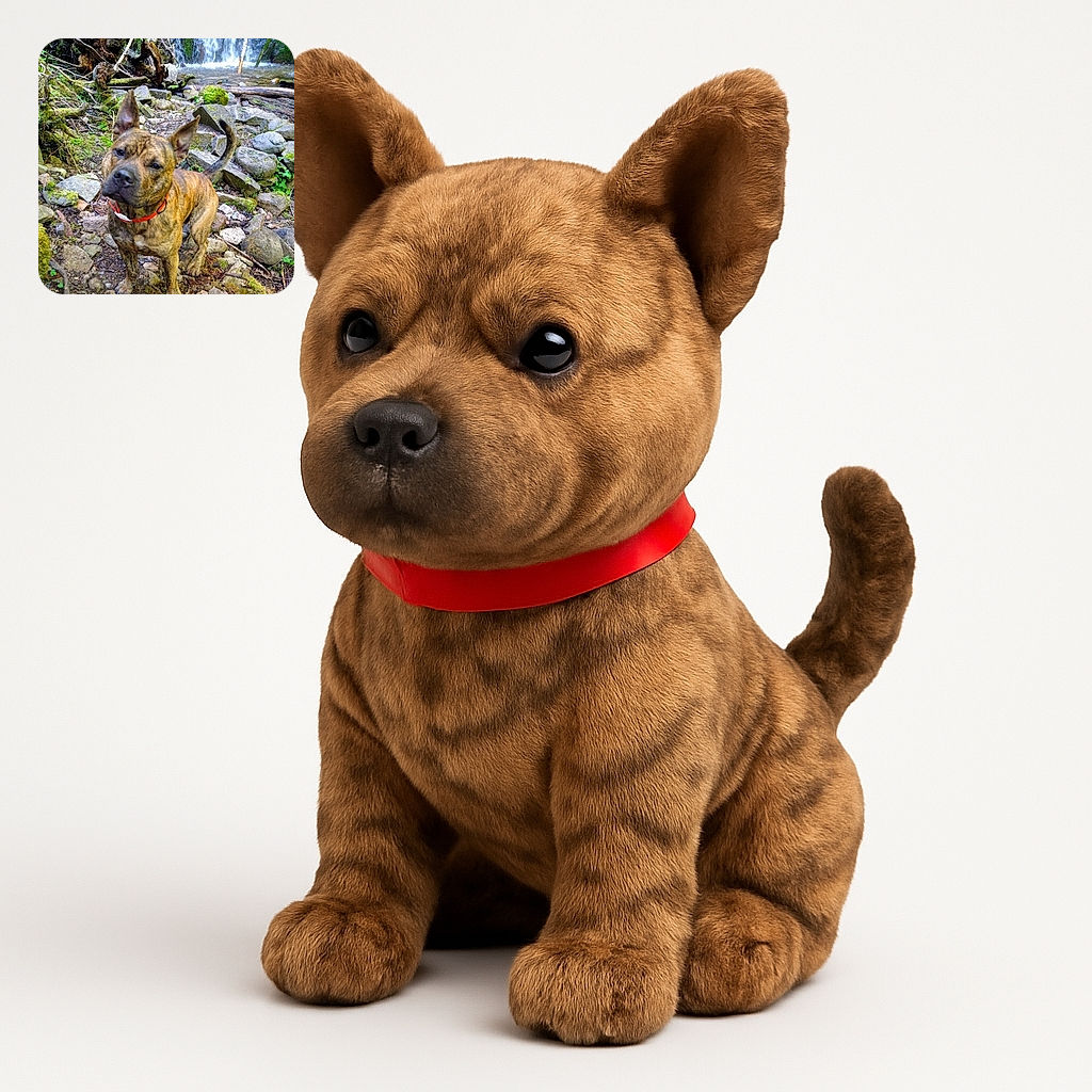 A curious brindle dog with a red collar stands on a rocky forest floor, tilting its head inquisitively. Behind it, a serene waterfall cascades down moss-covered rocks, adding a peaceful backdrop to this adventurous pup's photo.