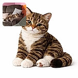A relaxed tabby cat lounging on a cozy, dark-patterned couch with pillows, set against a purple and orange wall adorned with framed pictures, captured in a casual indoor setting.