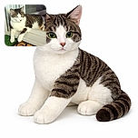 A relaxed tabby and white cat lounges in a sunny doorway, one paw casually hanging over the threshold onto a decorative doormat with swirling black patterns, basking in the warm light.