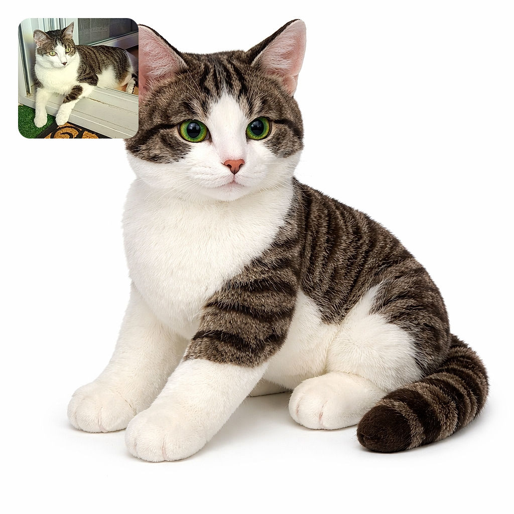 A relaxed tabby and white cat lounges in a sunny doorway, one paw casually hanging over the threshold onto a decorative doormat with swirling black patterns, basking in the warm light.