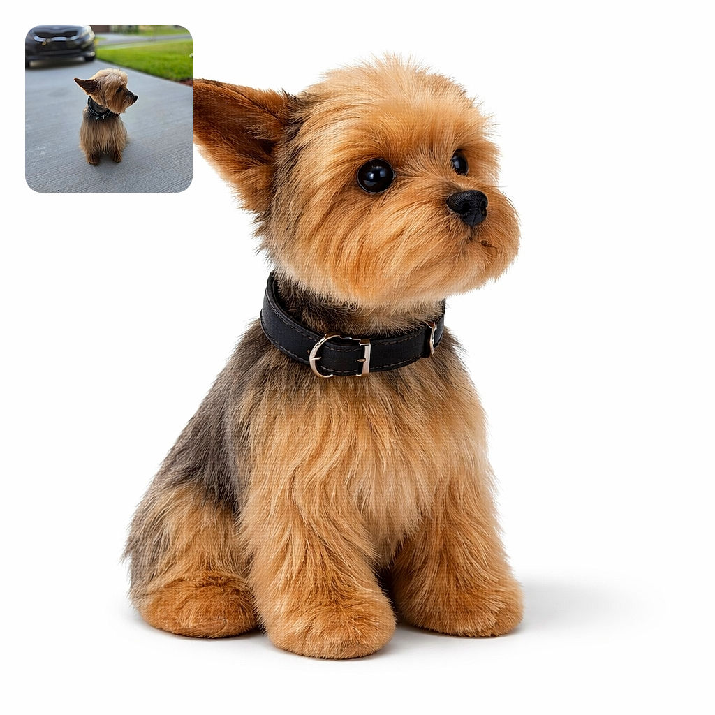 A dignified little terrier striking a side-profile pose on the driveway, silently judging the neighborhood while a blurred car and house provide dramatic bokeh — fur blowing in golden hour light like it knows it's photogenic.