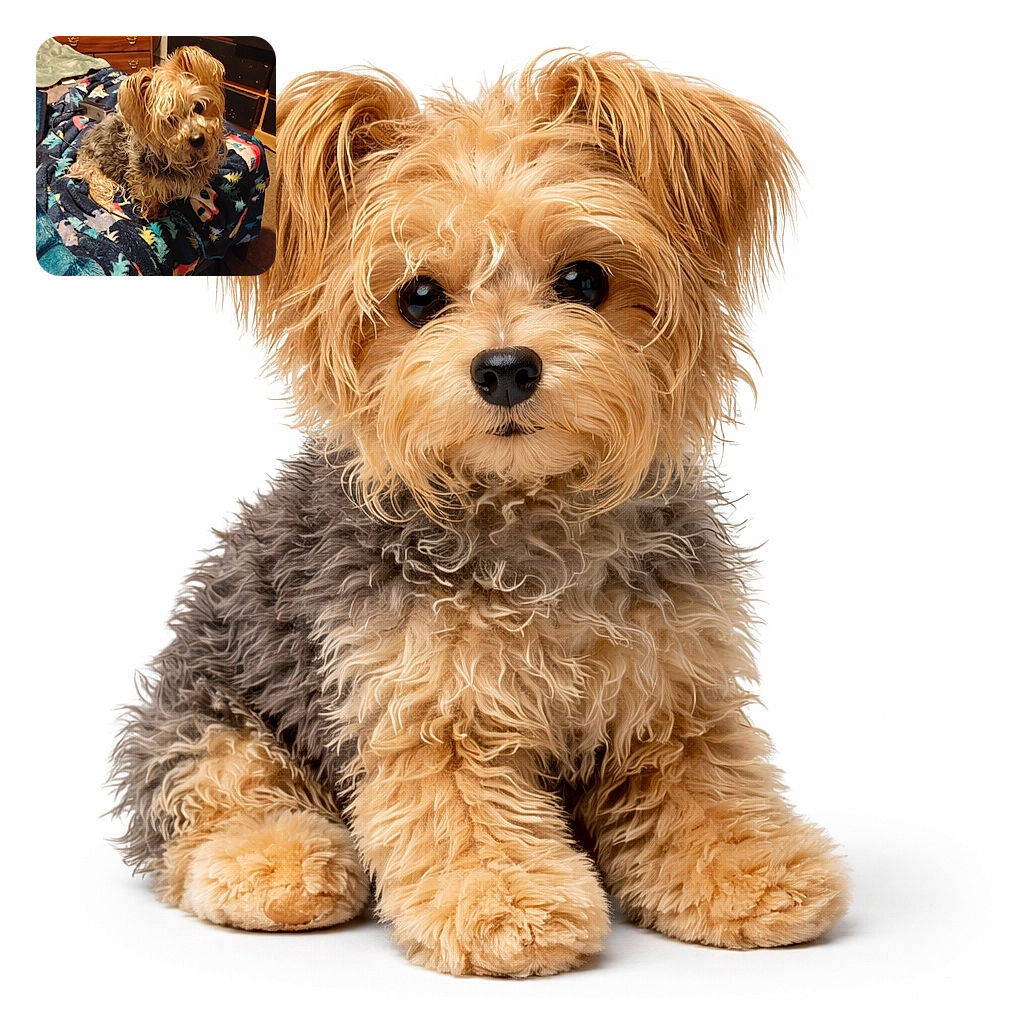 A scruffy, soggy-haired little dog giving an earnest 'did you just call my name or the treat jar?' look while perched on a colorful, patterned blanket in a cozy, slightly cluttered bedroom — equal parts mud-spa survivor and tiny floof royalty.