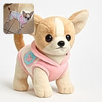 A tiny Chihuahua wearing a cute pink and white outfit stands confidently on a shiny tiled floor, looking up with big, curious eyes as if ready for a fashion show or a snack.