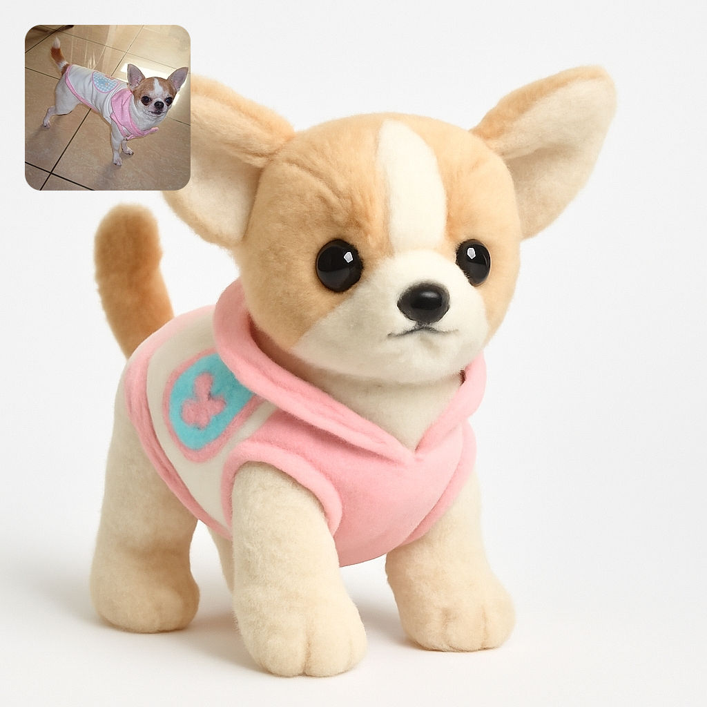 A tiny Chihuahua wearing a cute pink and white outfit stands confidently on a shiny tiled floor, looking up with big, curious eyes as if ready for a fashion show or a snack.