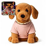 A charming small dog dressed in a pink outfit and a pearl necklace poses regally on a festive blanket adorned with cute holiday-themed animals, sitting inside a decorated box wrapped with colorful paper and purple string lights, exuding holiday spirit and cozy vibes.