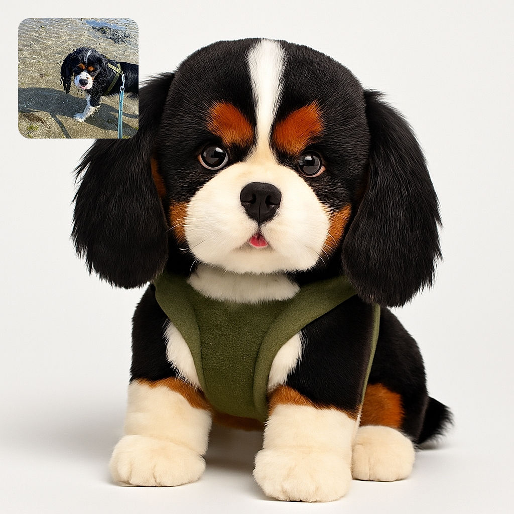 A wet dog on a sandy beach with a leash, looking up with a slightly cheeky expression and tongue peeking out, standing on rippled sand with some seaweed and water in the background.