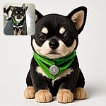 A small dog with a green bandana lounges on the back of a gray couch, looking slightly sleepy or unimpressed, with a softly blurred background and warm lighting that adds a cozy home vibe.