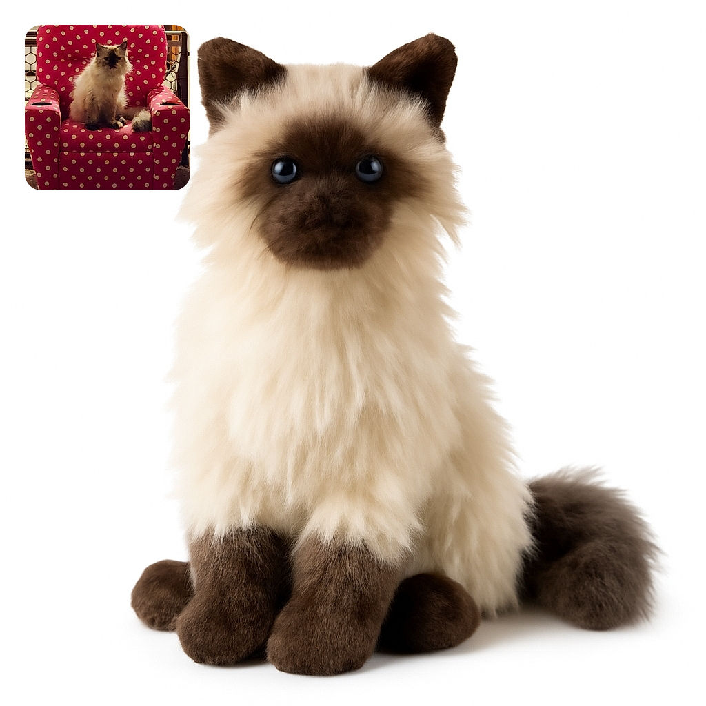 A fluffy cat with dark facial markings sits poised on a bright pink polka-dotted armchair, looking curiously at the camera in a cozy indoor setting with soft lighting.