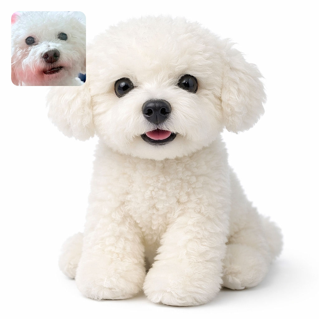 A close-up photo of a fluffy white dog with curly fur looking directly at the camera. The dog's dark eyes and nose create a cute contrast with its white fur. The background is softly blurred, making the dog the clear focal point. The name 'Peluchi' is elegantly written in cursive at the bottom of the image.