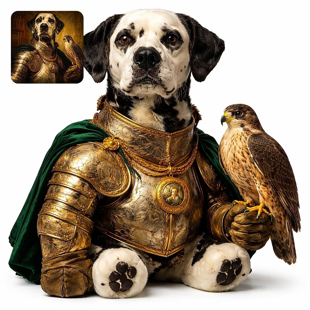 A solemn, aristocratic dog in gleaming ornate armor stares like a duke who misplaced his scone, while a composed falcon perches on the gauntleted hand — a regal buddy-cop portrait in full renaissance vibe with a moody, textured backdrop.
