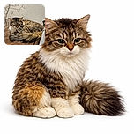 A fluffy tabby cat curled up and napping peacefully on a soft brown cushion, blending cozy textures with a subtle wall pattern of bare tree branches in the background.