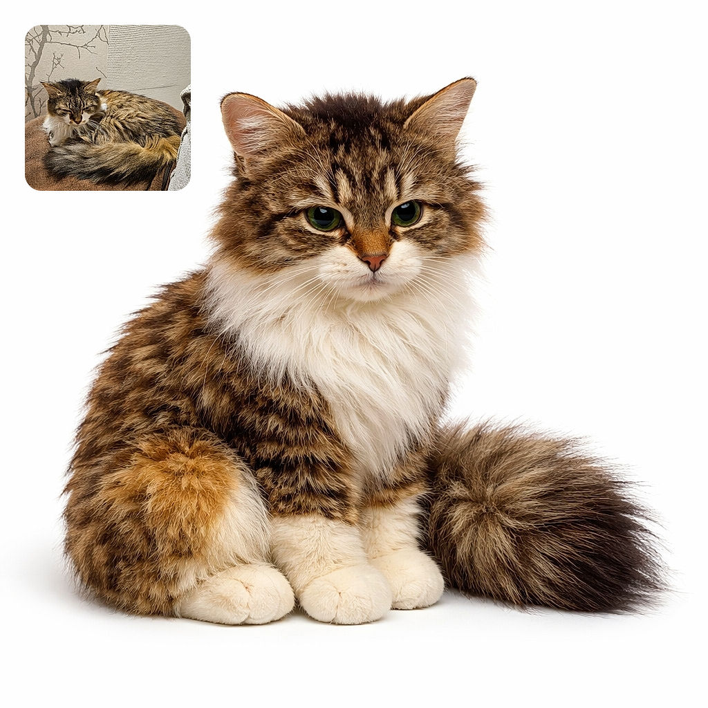 A fluffy tabby cat curled up and napping peacefully on a soft brown cushion, blending cozy textures with a subtle wall pattern of bare tree branches in the background.