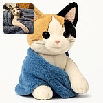 A cozy cat wrapped snugly in a fluffy blue blanket, looking curiously at the camera with big, shiny eyes, surrounded by a slightly cluttered background that adds a touch of homey charm.