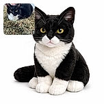 A sleek black and white cat lounges comfortably on a bed of hay atop a wire surface, giving the camera a calm and slightly curious stare. The background is softly blurred, focusing all attention on the feline's shiny fur and bright eyes.