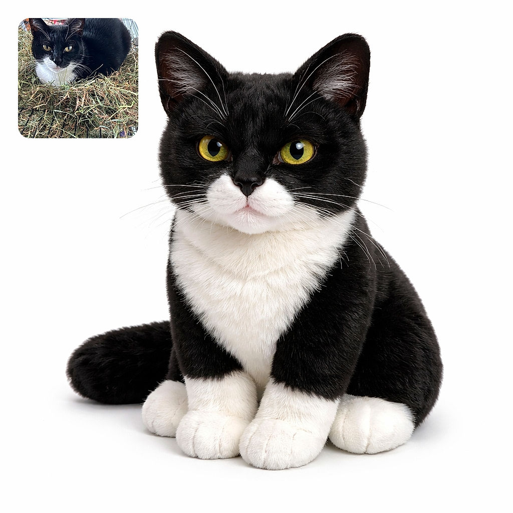A sleek black and white cat lounges comfortably on a bed of hay atop a wire surface, giving the camera a calm and slightly curious stare. The background is softly blurred, focusing all attention on the feline's shiny fur and bright eyes.