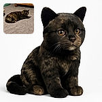 A tortoiseshell cat is lounging comfortably on a grey carpet in a cozy room with wooden furniture and a basket nearby, looking relaxed and slightly curious.