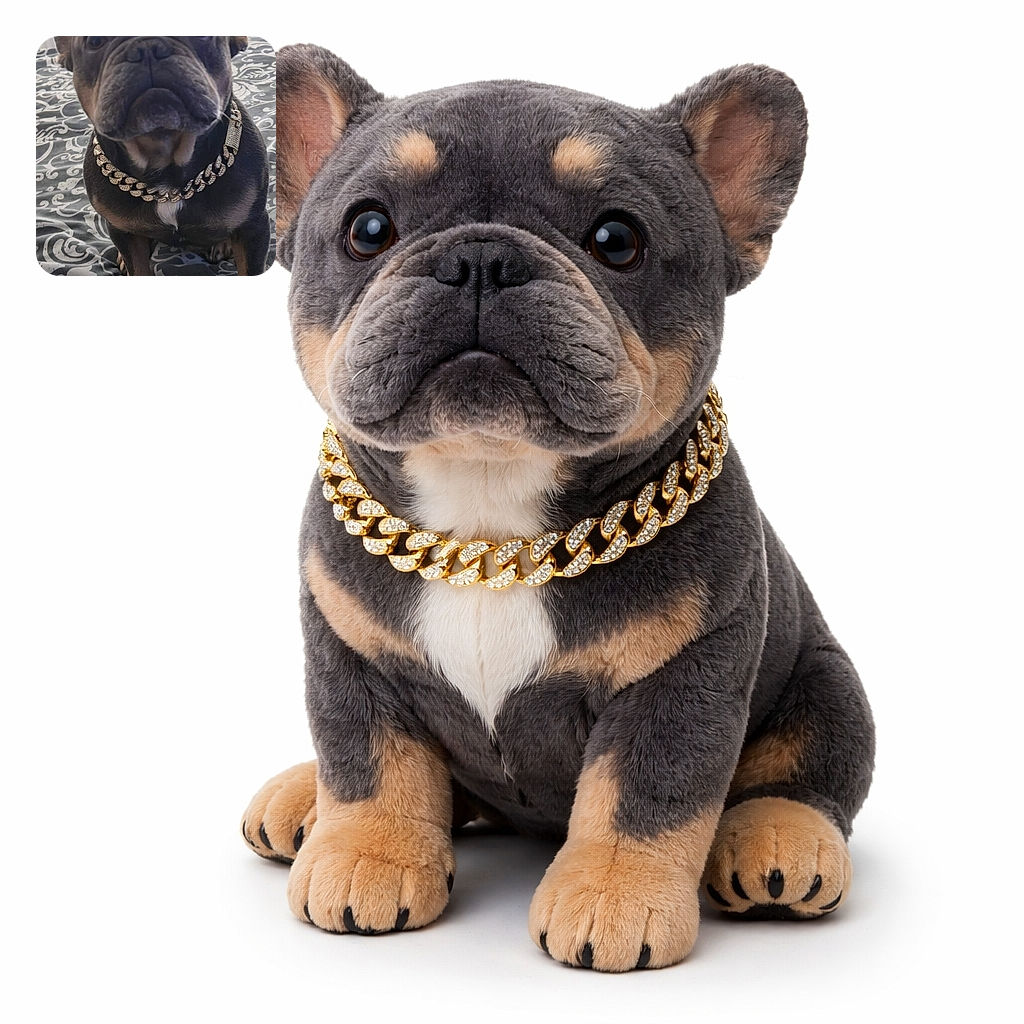 A regal French bulldog fills the frame, sporting a blingy gold chain and an expression that reads ‘I accept treats, not nonsense.’ The patterned bedding provides a dramatic backdrop while the wrinkled face and big curious eyes steal the show — majestic, slightly grumpy, and utterly photogenic.