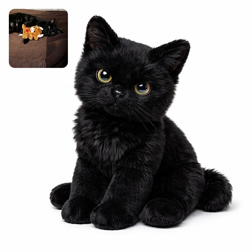 A sleek black cat lounges on a brown blanket, clutching a cute plush toy shaped like a bull with a red heart on its side, looking cozy and content.