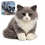 A curious gray and white cat crouches on a wooden surface, intently eyeing some dried plant material and small glass jars nearby, as if plotting its next move in a feline mystery.