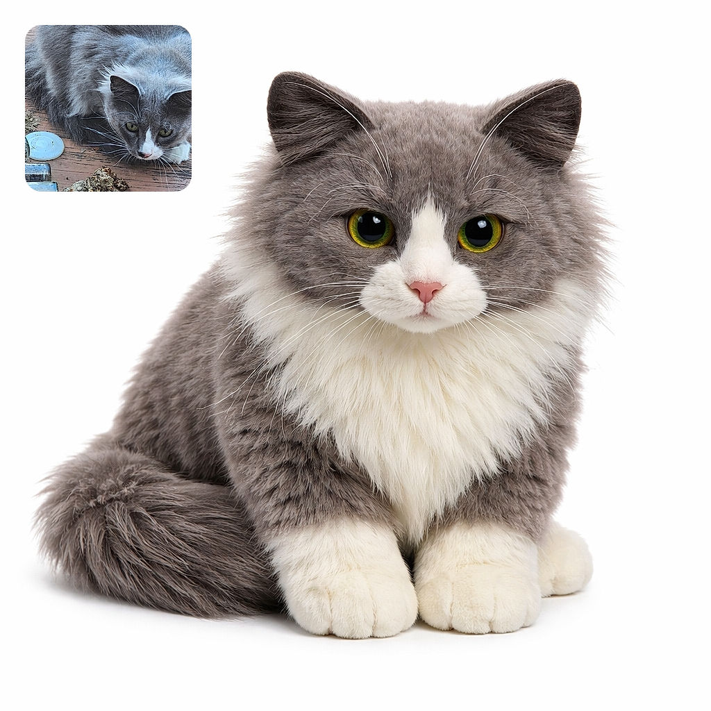 A curious gray and white cat crouches on a wooden surface, intently eyeing some dried plant material and small glass jars nearby, as if plotting its next move in a feline mystery.