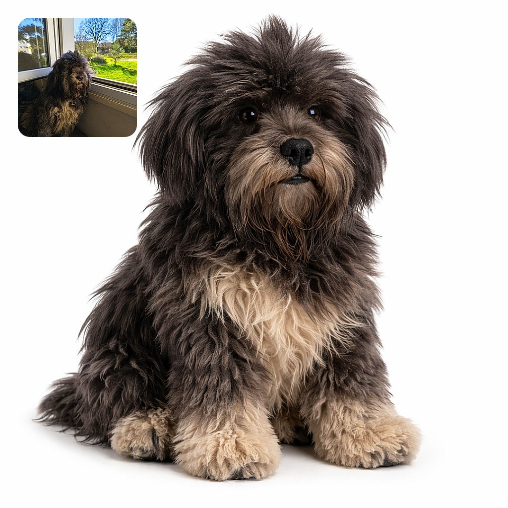 A shaggy, philosophizing pup perched on the windowsill, staring out at the sunny park like it’s contemplating squirrel politics — fur tousled by a life of adventures (or naps).