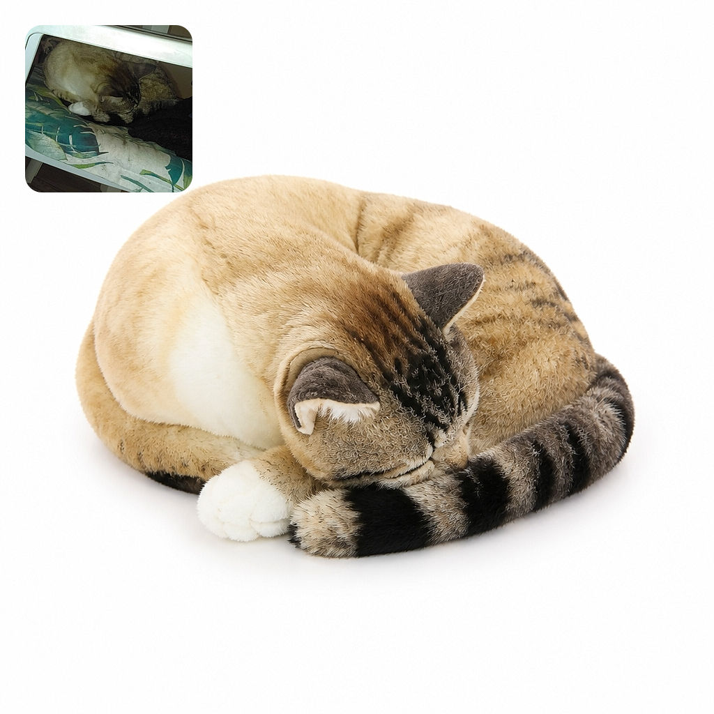 A sleepy cat is folded into a remarkably compact cinnamon-roll shape on a patterned chair, apparently determined to nap through the furniture inspection while a sweater keeps watch nearby.