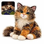 A fluffy calico cat lounges on its back on a colorful knitted blanket, looking relaxed and slightly mischievous with half-closed eyes, ready to pounce on a nap or a belly rub.