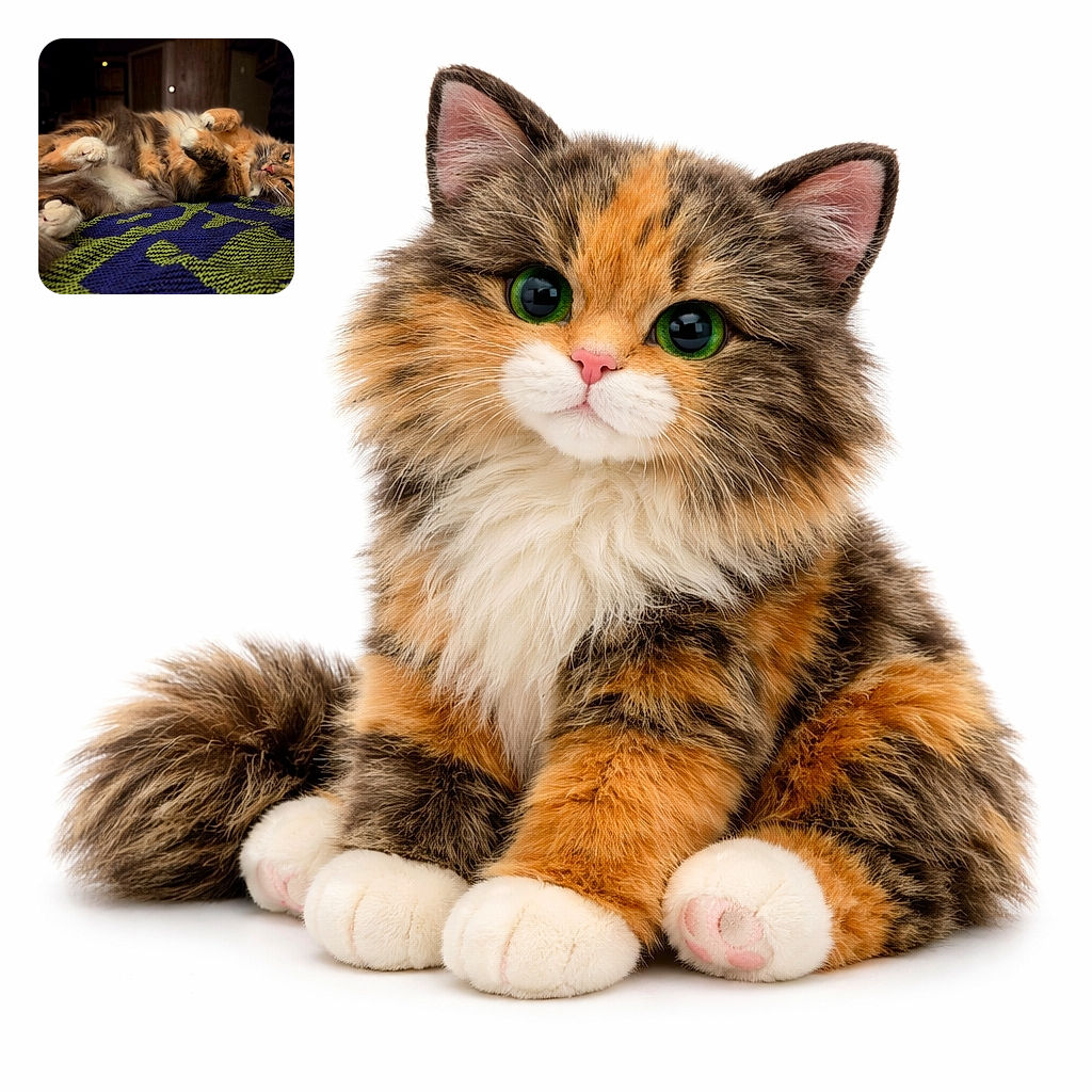 A fluffy calico cat lounges on its back on a colorful knitted blanket, looking relaxed and slightly mischievous with half-closed eyes, ready to pounce on a nap or a belly rub.