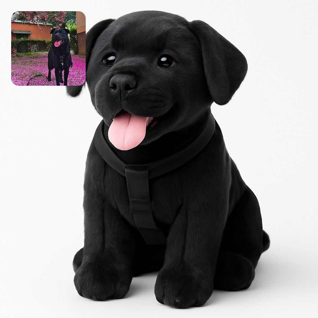A happy black dog with its tongue out stands proudly on a vibrant carpet of pink flower petals, framed by blossoming branches overhead and a cozy suburban backdrop.