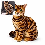 A striking Bengal cat with beautiful tiger-like stripes sits elegantly on a dark cushioned chair, basking in a patch of warm sunlight that highlights its glossy fur and intense green eyes, giving off an aura of feline royalty.